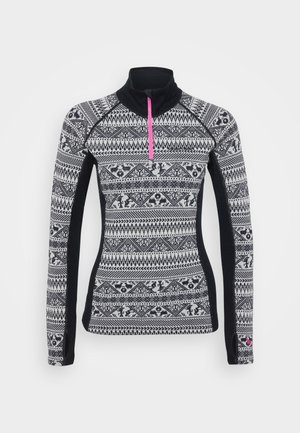 Melnbalts raksts ar garām piedurknēm, pulovers ar pusriņķa rāvējslēdzēju, kuram ir rozā rāvējslēdzējs un kontrastējoši pilnībā melni sāni. Gluda tekstūra.