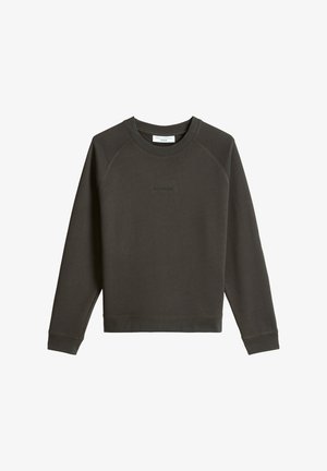 Dark olive green crewneck sweatshirt with long sleeves and subtle front logo text "Marc O'Polo Denim."