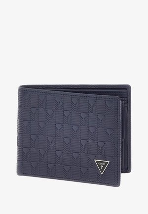 Portefeuille bi-fold bleu marine avec un motif géométrique texturé, des bords lisses et un accent logo triangulaire argenté sur le devant.