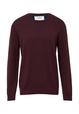 Burgunderfarbener Pullover aus Strickstoff, mit Rundhalsausschnitt, langen Ärmeln und gerippten Bündchen und Saum. Kleines Logo auf der Brust.