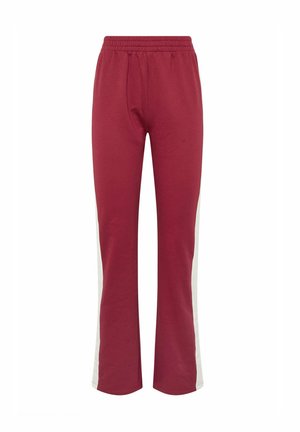 Bordeaux sweatpants met een witte zijstreep, elastische tailleband en rechte pijpen. Gemaakt van zachte stof voor comfort.