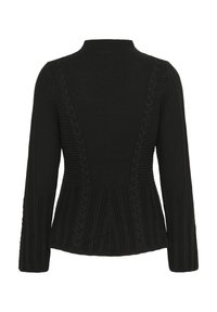 Maglione nero lavorato a maglia con collo alto, caratterizzato da fantasie testurizzate e dettagli a coste. Il maglione ha maniche lunghe e vita aderente.