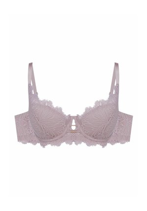 Lace bra in soft mauve, featuring padded cups, floral pattern, scalloped edges, keyhole detail at center front, and adjustable straps.