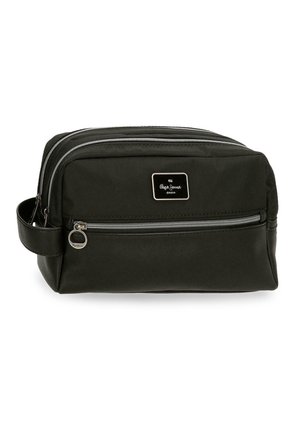Neceser negro rectangular con dos compartimentos con cremallera, asa lateral y logo de Pepe Jeans en el bolsillo delantero.