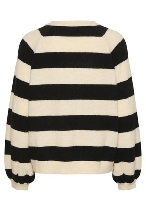 Riba mustriga sviiter vahelduvates mustades ja kreemjas värvitoonides. Omab ümmargust kaelust ja puhv koos elastsetega varrukatel.