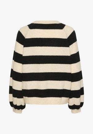 Riba mustriga sviiter vahelduvates mustades ja kreemjas värvitoonides. Omab ümmargust kaelust ja puhv koos elastsetega varrukatel.