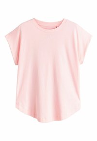 T-shirt rose clair à manches courtes en coton doux. Comprend un col rond et une coupe décontractée avec un ourlet arrondi.