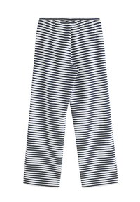 Randiga byxor i mjukt tyg med vid benslut. Mönstret består av växelvis mörkblå och vita horisontella ränder.