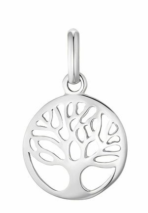 Pendente in argento con un design circolare e un motivo di albero intagliato. L'albero presenta rami intricati e una finitura liscia e lucida.
