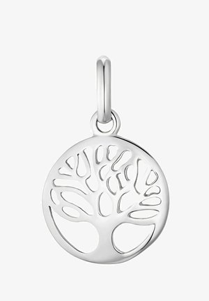 Colgante de plata con un diseño circular que presenta un motivo de árbol recortado. El árbol tiene ramas intrincadas y un acabado suave y pulido.