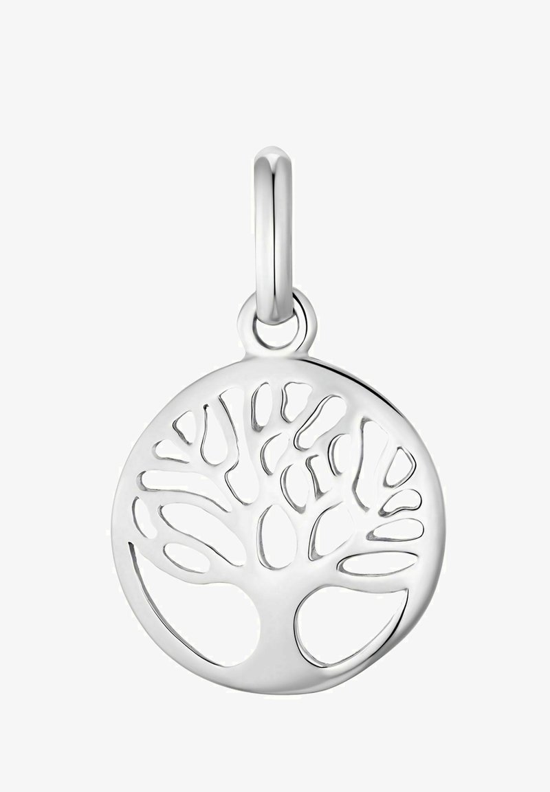 Pendente in argento con un design circolare e un motivo di albero intagliato. L'albero presenta rami intricati e una finitura liscia e lucida.
