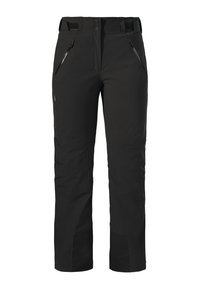Schwarze Outdoor-Hosen aus strapazierfähigem Stoff, mit zwei Reißverschlusstaschen, einer knöpfbaren Vorderseite, verstärkten Unterbeinen und einer geraden Passform.