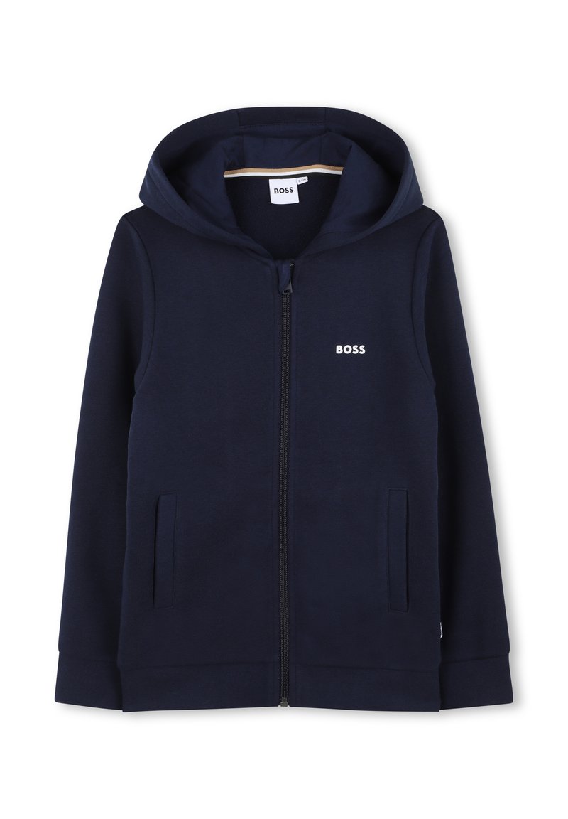 Sweatshirt com fecho de correr de cor azul-marinho, feito de tecido macio, com capuz, dois bolsos laterais e um pequeno logótipo branco "BOSS" no peito.