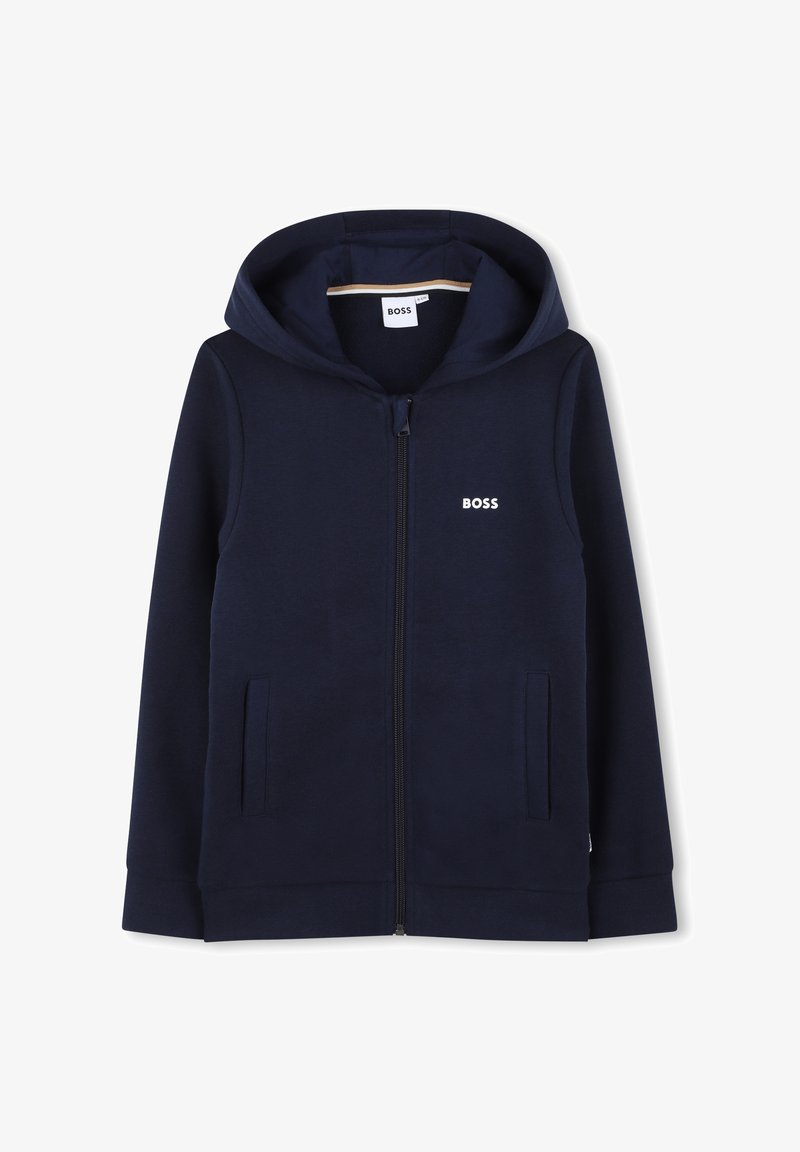Sweatshirt com fecho de correr de cor azul-marinho, feito de tecido macio, com capuz, dois bolsos laterais e um pequeno logótipo branco "BOSS" no peito.