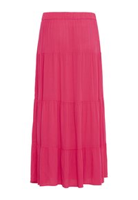 Jupe longue à volants rose vif avec ceinture élastique et sections de tissu froncées.