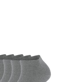 Fem par enkle grå ankelsokker lagt i en rekke på hvit bakgrunn.