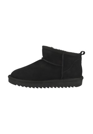 Black suede ankle boot with rounded toe, fleece lining, and stitched accents, featuring a textured rubber sole with zigzag pattern.