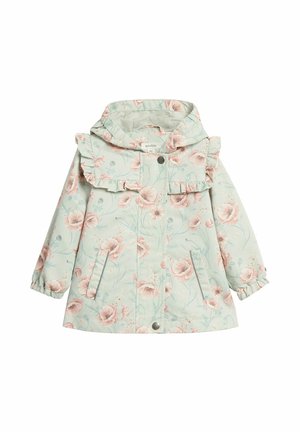 Hellblaue Kleinkindjacke mit rosa Blumenmuster, Kapuze, gerafften Schultern, vorderen Druckknöpfen und zwei Seitentaschen.