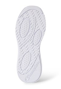 Suela de goma blanca con patrón de olas, almohadillas de tracción circulares y logo en relieve. Textura suave y diseño moderno y elegante.