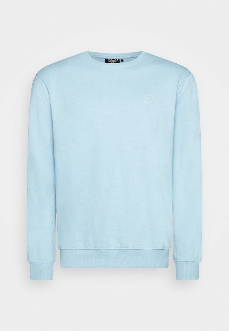Sudadera azul claro con mangas largas, cuello redondo y puños de canalé. Presenta un pequeño logo en el pecho y una textura suave y lisa.