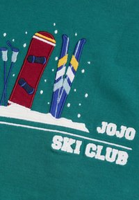Roheline kangas, millel on tikand, kus on kujutatud punast lumelauda, siniseid ja kollaseid suuski ning tekst "JOJO SKI CLUB" valgetes tähtedes. Lumekübemed on laiali visatud.