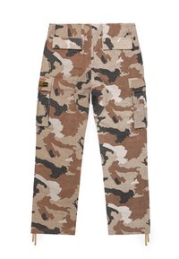 Pantaloni cargo mimetici in marrone, beige e nero. Realizzati in tessuto con un motivo testurizzato, presentano numerose tasche laterali e lacci all'orlo.