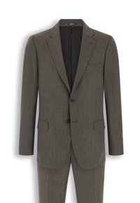 Veste de costume homme marron foncé à deux boutons, revers à encoches et poches à rabat, présentée sur fond blanc.