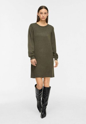 Donna che indossa un vestito lavorato a maglia verde oliva a maniche lunghe con scollo rotondo e stivali neri alti al ginocchio con punta appuntita, in piedi su uno sfondo bianco uniforme.