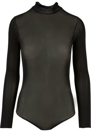 Bodysuit negro de manga larga hecho de material transparente, con cuello alto y un diseño ajustado que presenta una textura suave y costuras mínimas.