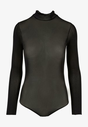 Bodysuit negro de manga larga hecho de material transparente, con cuello alto y un diseño ajustado que presenta una textura suave y costuras mínimas.