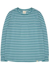 Langärmliges türkisfarbenes Shirt mit weißen horizontalen Streifen. Aus weichem Stoff mit Rundhalsausschnitt und geradem Saum. Grünes Logo-Tag am unteren Ende.