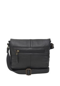 Svart läder crossbody-väska med en ficka fram med dragkedja, justerbar rem och texturerad yta. Har stickade detaljer och metallbeslag.