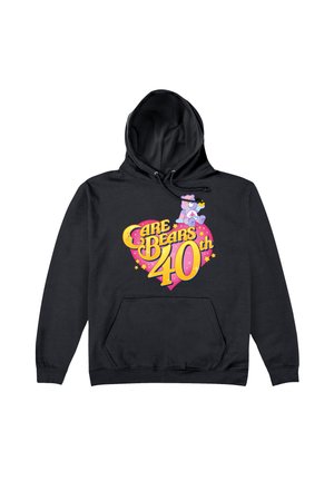 Czarny hoodie z graficznym wzorem przedstawiającym niedźwiedzia oraz napisem "Care Bears 40th" w różowym i żółtym kolorze wewnątrz kształtu serca z przodu.