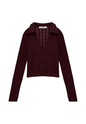 Dark burgundy long-sleeve knitted cardigan with a wide collar, cable pattern texture, and front button closure.