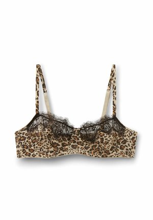 Beha met luipaardprint, zwarte kanten rand en verstelbare dunne bandjes op een witte achtergrond.