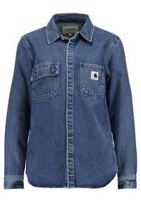 Jeanshemd in dunkelblau mit langen Ärmeln, knöpfbarem Verschluss, zwei Brusttaschen und einem kleinen Logo-Patch. Verfügt über ein klassisches Kragendesign.