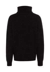 Black knitted sweater with a high collar, loose fit, and long sleeves. The fabric appears soft with a smooth texture and minimal design.
