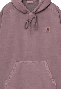 Felpa viola con tasca frontale, cappuccio con cordino e una piccola etichetta con il logo Carhartt sul petto. Tessuto morbido e strutturato, vestibilità comoda.