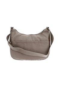 Borsa a spalla marrone con texture, con zip nella parte superiore, tracolla regolabile e un design semplice e curvato. Presenta una tasca frontale per ulteriore spazio di archiviazione.