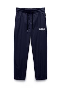 Pantalones jogger azul marino, fabricados con un material ligero, que cuentan con una cinturilla elástica, cordón ajustable, dos bolsillos laterales y un pequeño logo blanco.