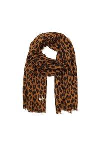 Sciarpa con stampa leopardata in marrone e nero, realizzata in materiale morbido, con bordi frangiati e un dettaglio del logo.