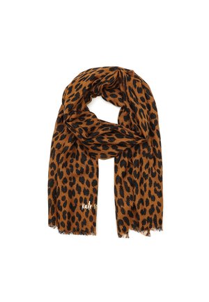 Leopard print scarf in brown and black, made of soft material, featuring fringed edges and a logo detail.