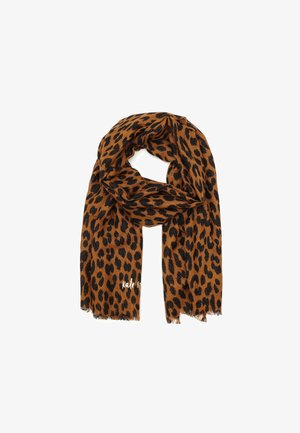 Écharpe imprimée léopard en marron et noir, fabriquée en matériau doux, avec des bords à franges et un détail de logo.