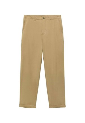 Beige katoenen chinos met een rechte pijp, voorzien van een knoop- en ritssluiting, en opgerolde zoom. Geen zichtbare patronen of accenten.