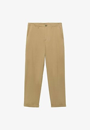 Beige katoenen chinos met een rechte pijp, voorzien van een knoop- en ritssluiting, en opgerolde zoom. Geen zichtbare patronen of accenten.