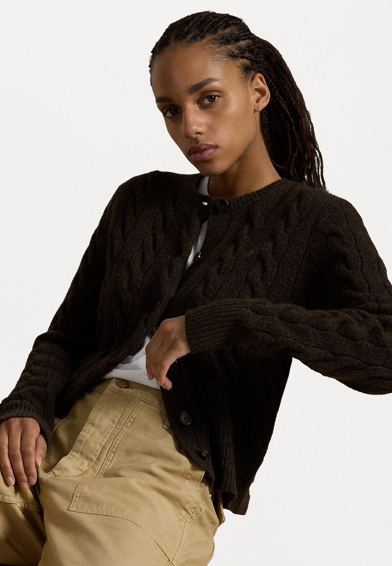 Polo Ralph Lauren CABLE KNIT WOOL CASHMERE CARDIGAN - Gilet - dark brown