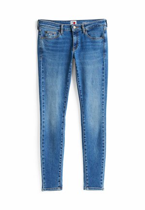 Jeans skinny de mezclilla azul con un acabado ligeramente desgastado, diseño de cinco bolsillos y cierre de botón estándar.