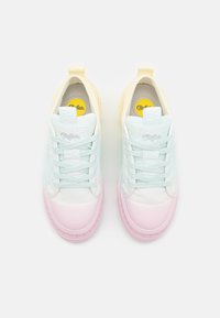 Pastel gradient sneakers featuring a blend of mint green, pale yellow, and pink. Made of smooth fabric with round laces and a cushioned sole.