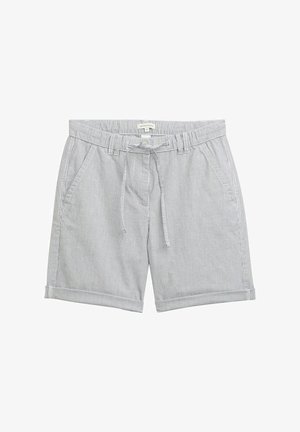 Lichte katoenen shorts met verticale blauwe en witte strepen. Voorzien van een elastische tailleband met trekkoord en zijzakken. Afgewerkte boorden.