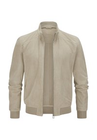 Beige leichte Jacke aus strukturiertem Stoff. Verfügt über einen stehenden Kragen, einen Frontreißverschluss und zwei Seitentaschen mit gerippten Bündchen.